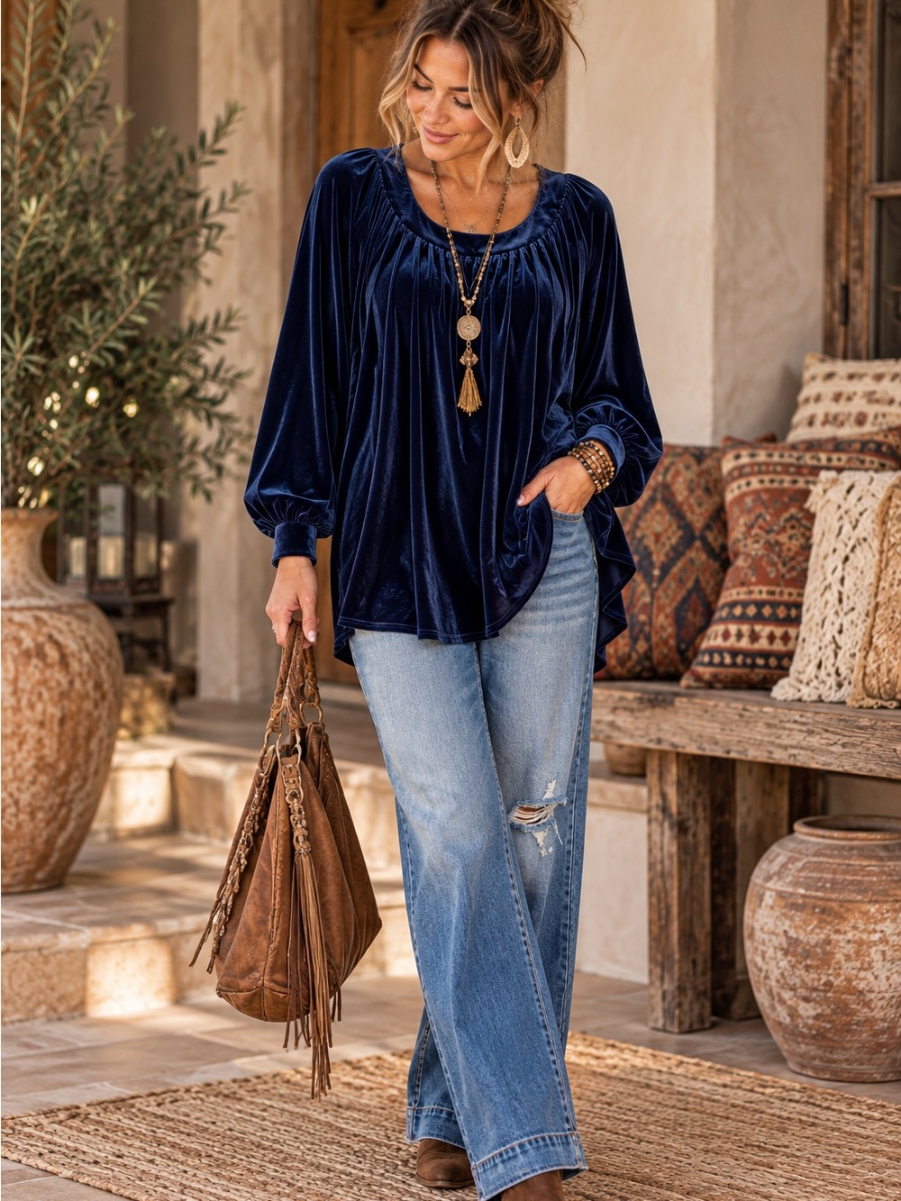 Umgee Navy Blue Velvet Velour Tunic Blouse XL Boho Peasant Long Balloon Sleeve